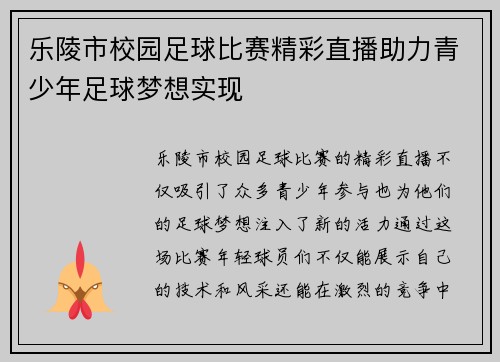 乐陵市校园足球比赛精彩直播助力青少年足球梦想实现